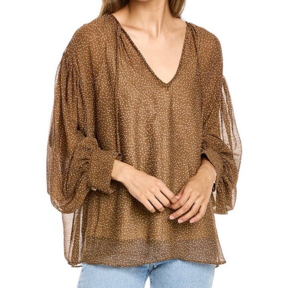 Vince Starry Dot Shirred Long Sleeve Blouse Brown Sheer Size Small - Picture 2 of 9